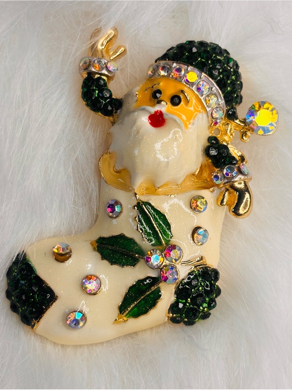 Large Whimsical Santa Christmas Stocking Brooch Rhinestone Enamel Holiday Pin